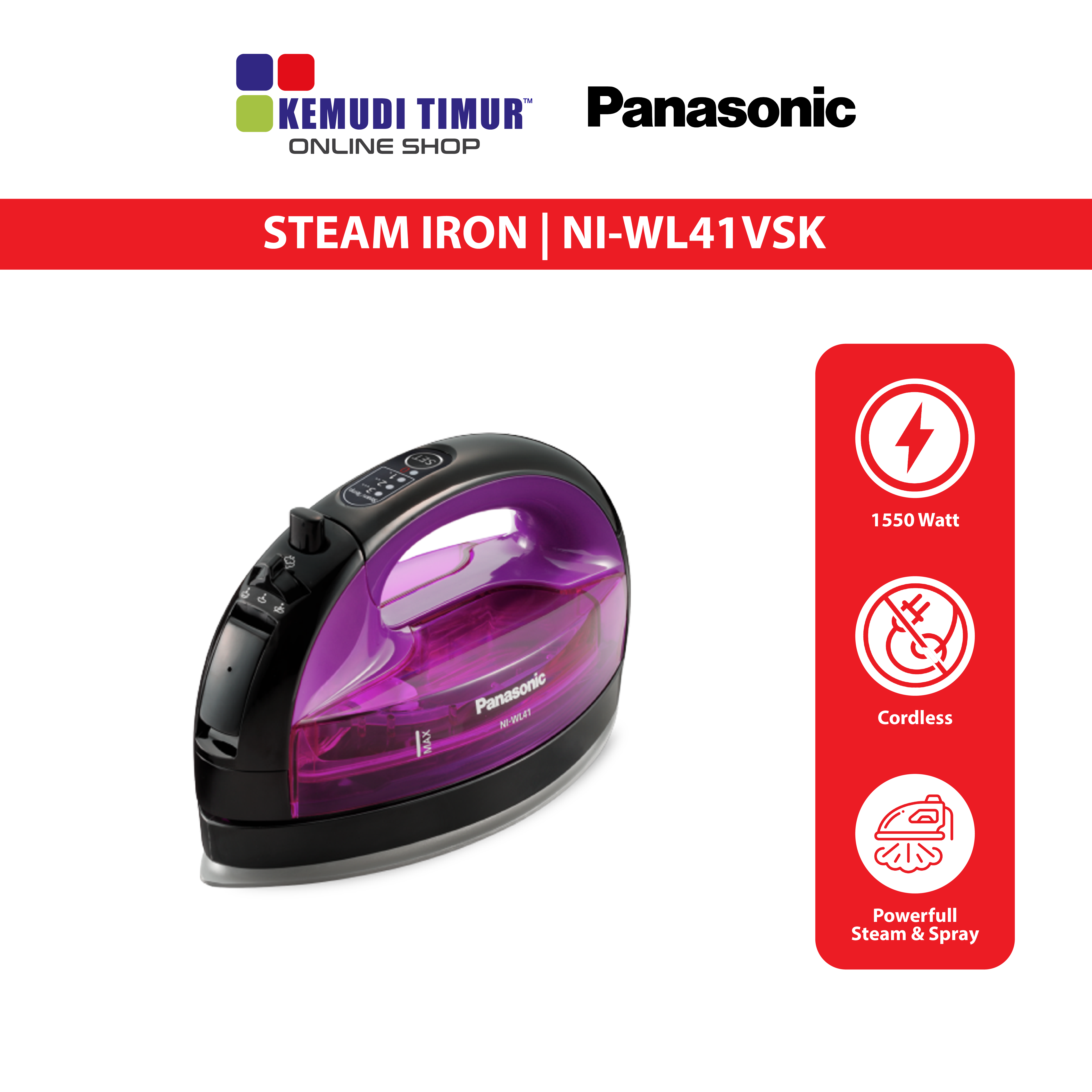 PANASONIC STEAM IRON CORDLESS 1550W AUTO OFF NIWL41VSK Kemudi Timur