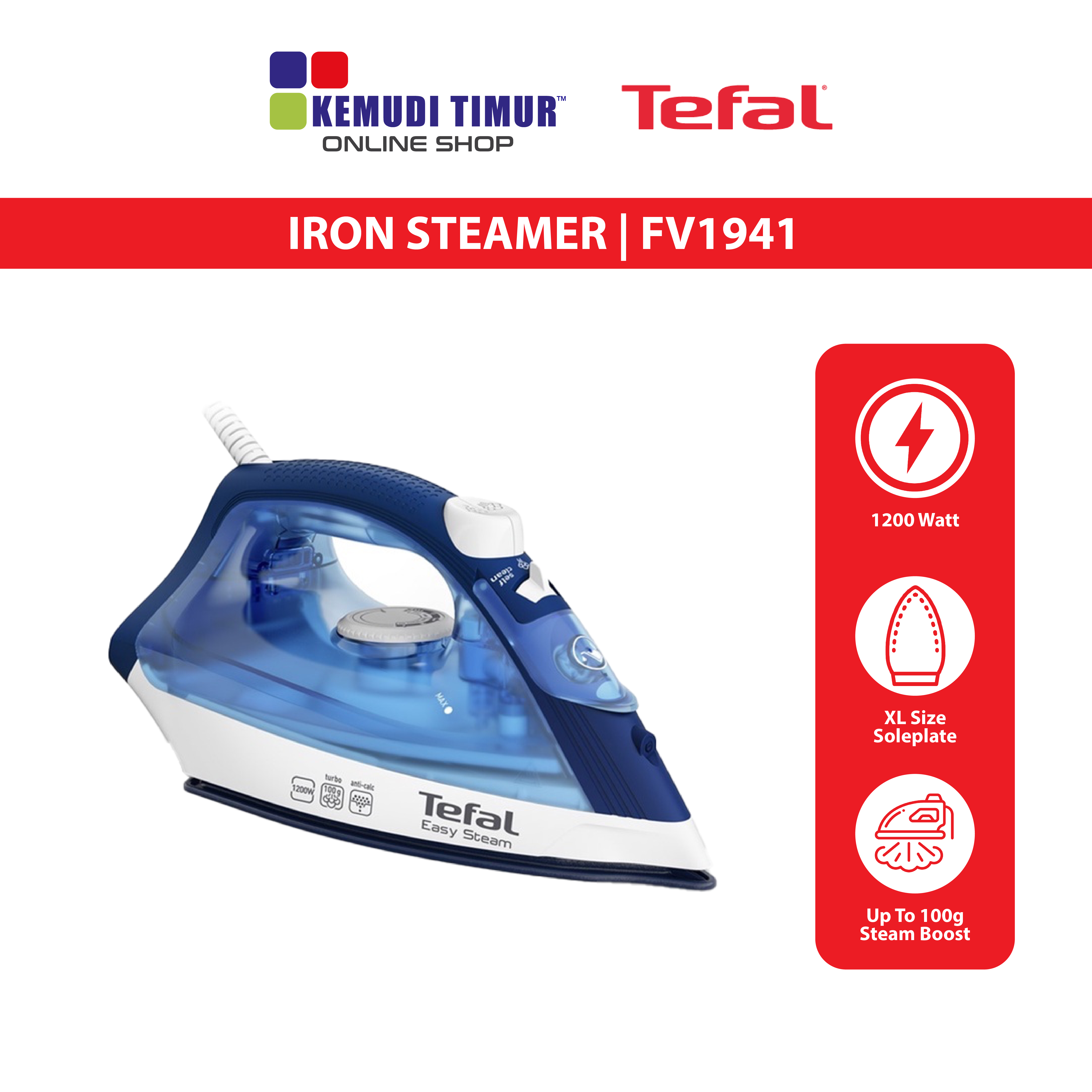 TEFAL STEAM IRON EASY STEAM FV1941 Kemudi Timur