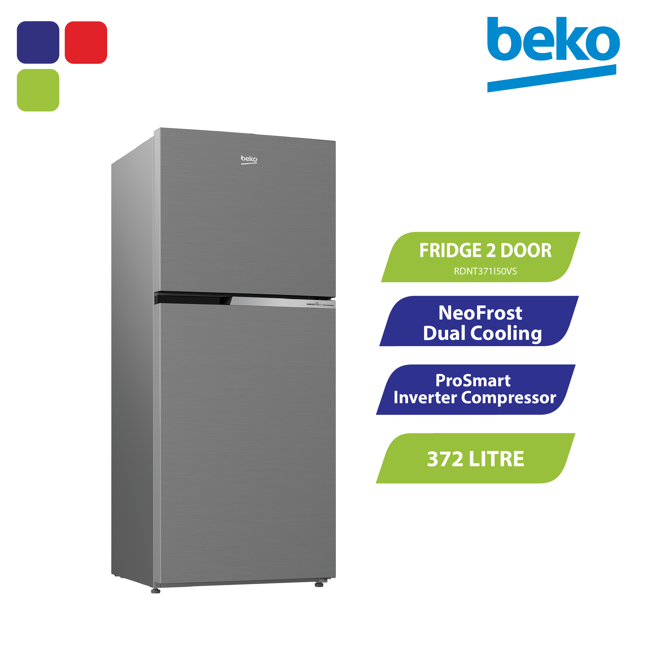 BEKO FRIDGE 2 DOOR 372L INVERTER SILVER RDNT371I50VS Kemudi Timur