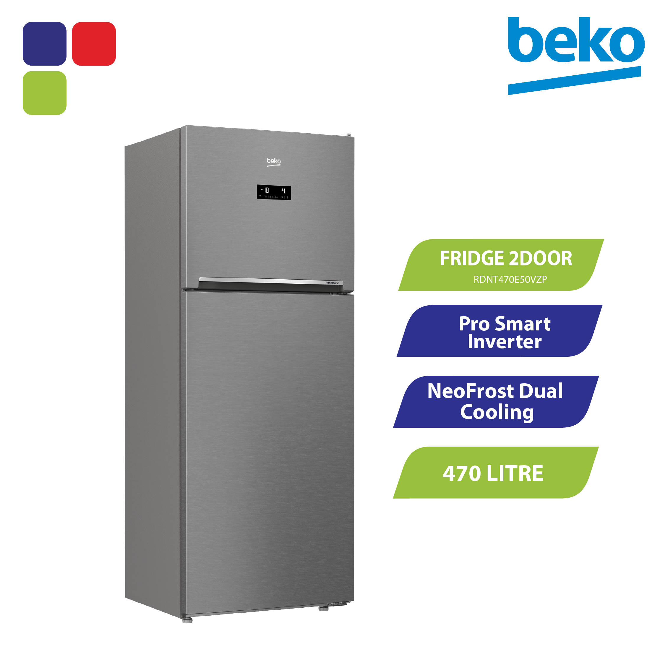 BEKO FRIDGE 2DOOR 470L INV SILVER RDNT470E50VZP Kemudi Timur