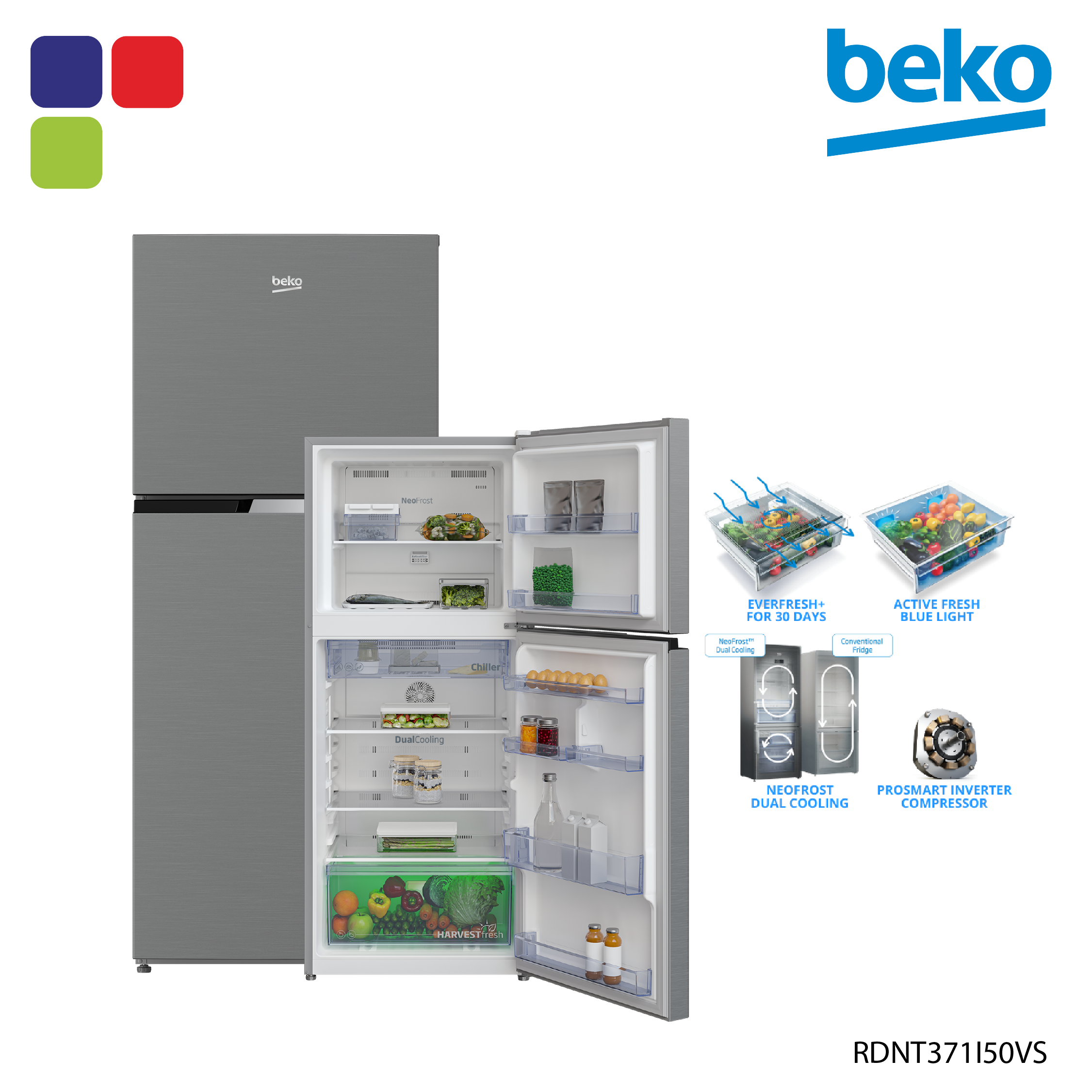 BEKO FRIDGE 2 DOOR 372L INVERTER SILVER RDNT371I50VS Kemudi Timur