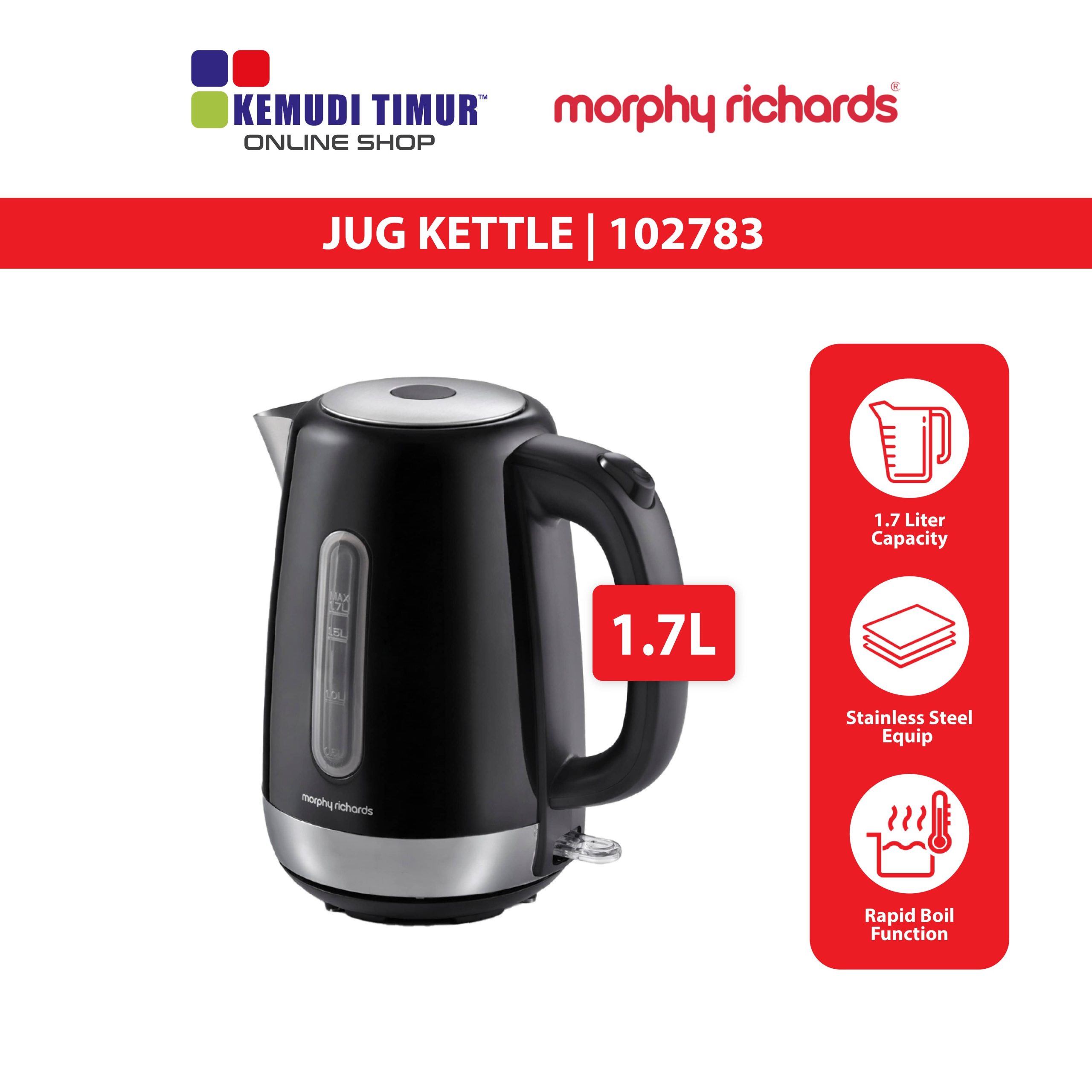 MORPHY RICHARDS JUG KETTLE 1.7L EQUIP STAINLESS STELL BLACK 102783