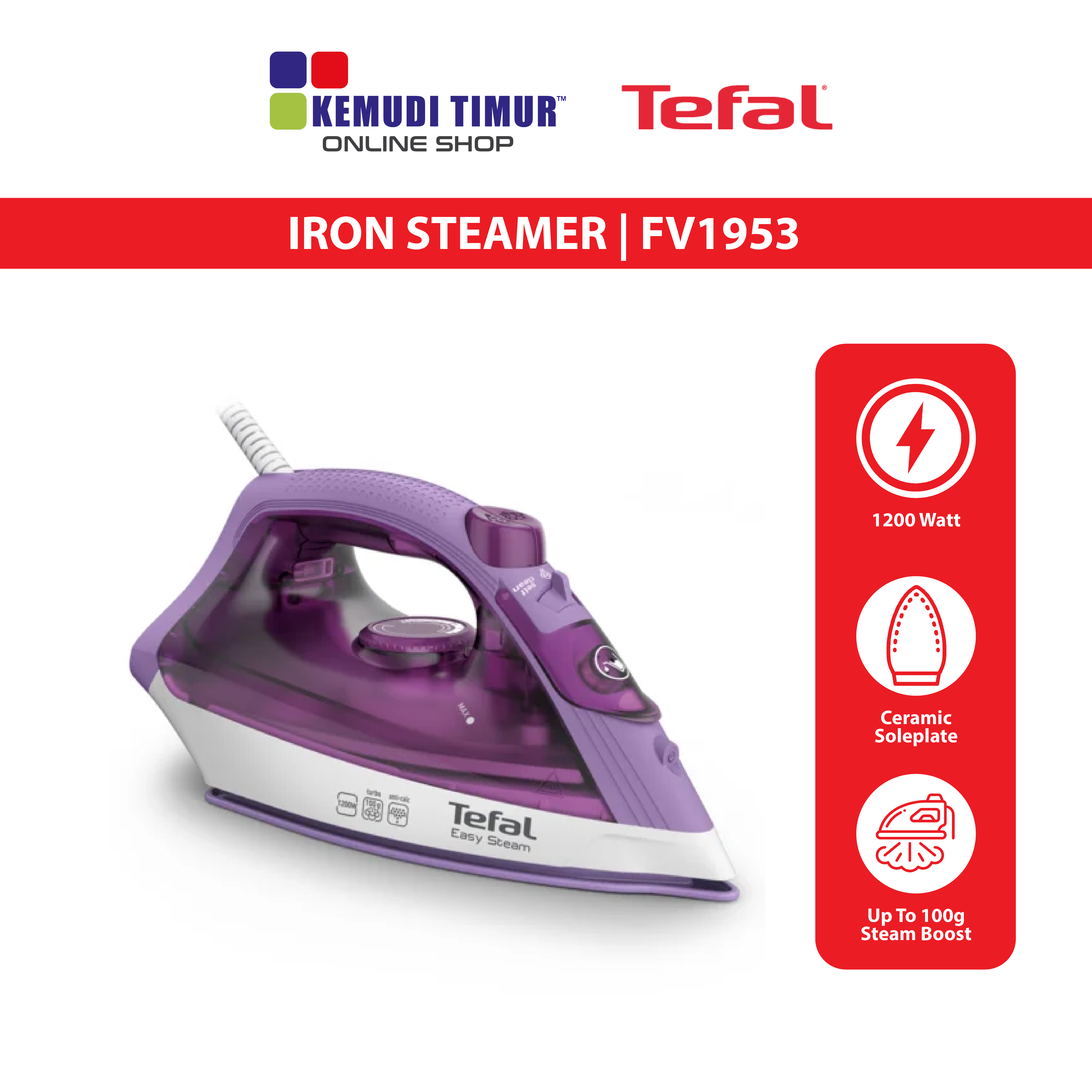 TEFAL STEAM IRON EASY STEAM FV1953 Kemudi Timur
